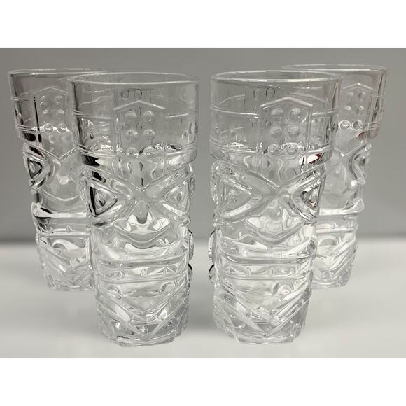 Set of 4 Clear Tiki Face Glasses by Forum –Heavy Pressed Glass Cocktail Tumblers - Picture 1 of 7